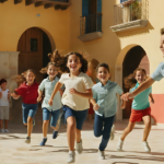 A group of young children play tag in the courtyard of a school in Spain.