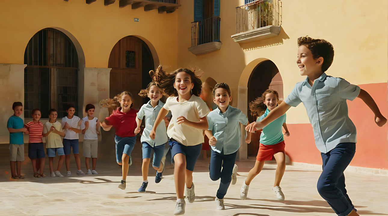 A group of young children play tag in the courtyard of a school in Spain.